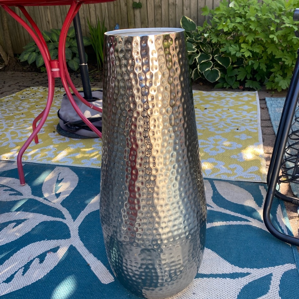 24"t Hammered Metal Tall Floor Vase, Flowers free, appro 6” Circumference